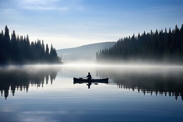 Sticker - canoeist paddling peacefully on serene lake, created with generative ai