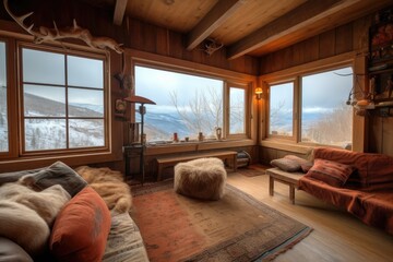 Wall Mural - cozy cabin in the mountains, with a view of the valley below, created with generative ai