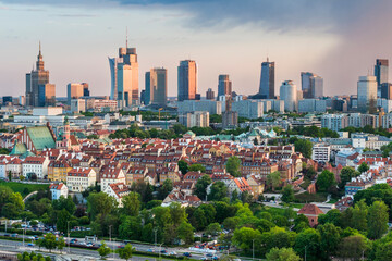 Fototapete - Aerial view of Warsaw city center during sunset