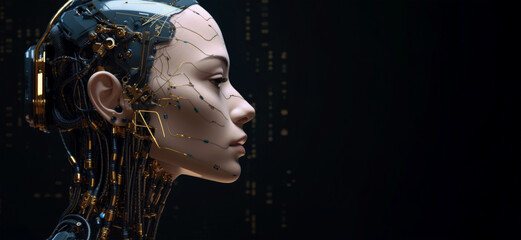 Wall Mural - female android face on dark background. artificial intelligence concept. futuristic robot head with 