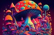 magic mushroom trip, with tripper surrounded by vivid colors and shapes, created with generative ai