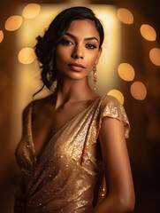 Beautiful Indian young woman with curly hair in golden dress. Luxury and premium photography for advertising product design. Fashion beautiful ai generated hispanic woman