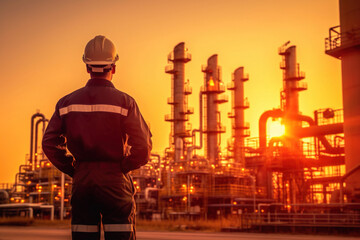 An oil field supervisor, adorned in safety gear, attentively monitors oil rig pumps. Positioned amidst the industrial landscape, their vigilant gaze ensures smooth operations