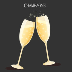 Flutes for champagne with golden bubbles on a dark background with text. Vector illustration EPS10.