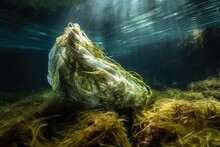 Fuzzy Plastic Bag Tangled In Seaweed On The Ocean Floor, Created With Generative Ai