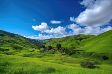 Wall Mural - exotic destination of rolling green hills and blue skies, created with generative ai