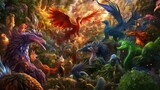 Fototapeta  - Artwork showcasing a diverse array of legendary creatures from folklore and mythology, such as dragons, griffins, unicorns, and phoenixes, gathered in a majestic and awe - inspiring setting