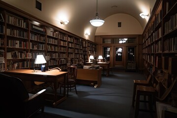 Wall Mural - library, with bookshelves and reading nooks, during early morning hours, created with generative ai