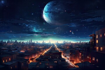 Wall Mural - galactic cityscape with starry night sky and shining moon, created with generative ai
