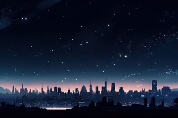 Wall Mural - starry night sky with shining stars and silhouette of futuristic city in the background, created wit