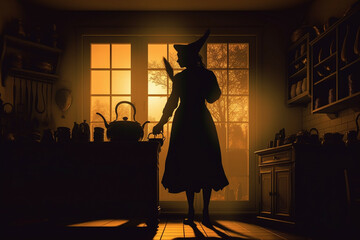 A Kitchen Enchantment: Eerie Silhouette of a Witch Conjuring Magic Amongst Culinary Wonders. A Twist of the Supernatural in the Domestic. Generative AI