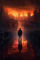 Surreal Cityscape: Inception-Inspired City Silhouette, Misty and Beautifully Lit, with a Lone Man Standing at its Surreal Center. Generative AI