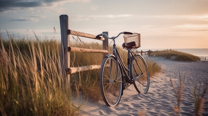 Wall Mural - A bike is parked on the sand near a fence. Generative AI. Sand, grass on dunes, Baltic sea.