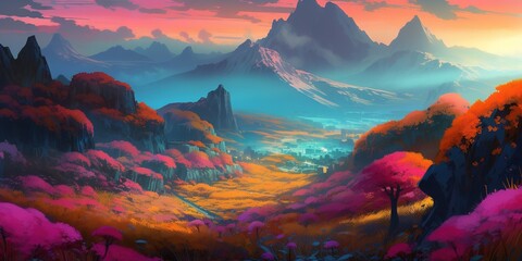 Wall Mural - a picture depicting a scene in the countryside with hills and forests Generative AI
