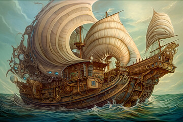 Wall Mural - Sailing ship in the sea. Fantasy illustration. Generative AI