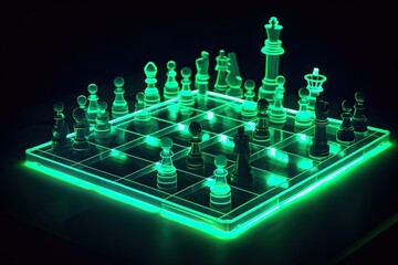 Wall Mural - neon chess game, with pieces set in motion and game about to begin, created with generative ai