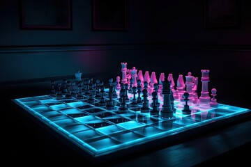 Wall Mural - neon chess set in a dark and mysterious room, with just the right amount of light, created with gene