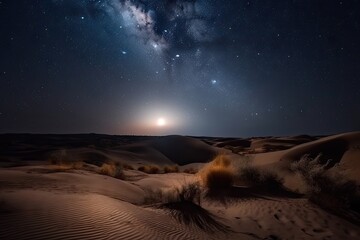 Wall Mural - night sky with stars and moon above desert dunes, casting mystical light over the landscape, created