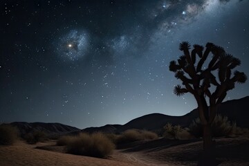 Wall Mural - close-up of night sky with stars and moon over desert landscape, created with generative ai