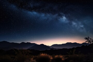 Wall Mural - night sky, full of stars and surrounded by the silhouette of mountains over desert, created with gen