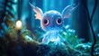 Tiny fairy cute monster in a misty magical fairy tale forest. Little magical creature with beautiful eyes with neon lights in the background. Generative ai