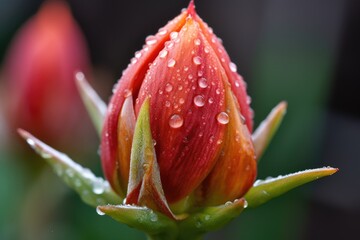 Wall Mural - close-up of bud, with dew drops shining on the petals, created with generative ai