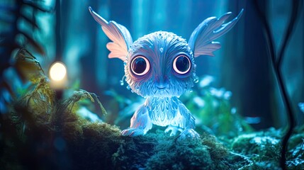 Wall Mural - Tiny fairy cute monster in a misty magical fairy tale forest. Little magical creature with beautiful eyes with neon lights in the background. Generative ai