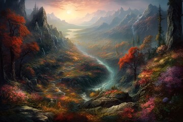 Wall Mural - an image depicting a mountain valley with a river cutting across the middle of it Generative AI