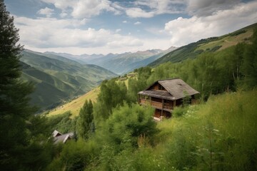 Wall Mural - mountain cabin with a view of the valley, surrounded by lush greenery, created with generative ai