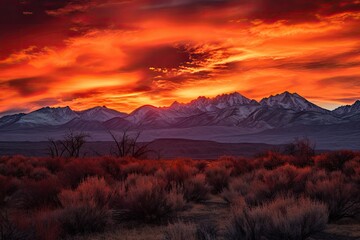 Wall Mural - majestic mountain range against a fiery sunset sky, created with generative ai