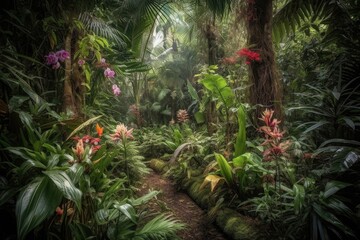 Wall Mural - exotic jungle, with orchids and other flowers blooming in the foreground, created with generative ai