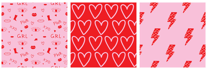 Wall Mural - abstract doodle square seamless vector patterns with hearts, thunderbolts, eyes and lips on a light 