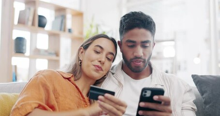 Sticker - Couple, sofa and phone with credit card for ecommerce, fintech app and payment on web in home. Man, woman and smartphone with online shopping, personal info or discussion with e commerce on internet