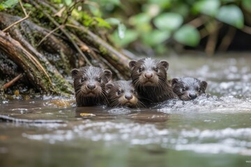Wall Mural - family of otters playing in river, with their fluffy tails and curious faces visible, created with generative ai