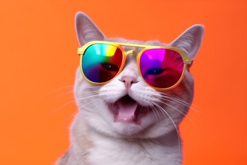 Wall Mural - cat colourful fashion animal portrait funny neon pet cute sunglasses. Generative AI.