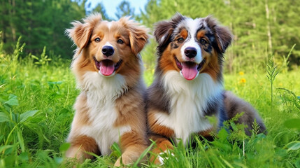 Wall Mural - portrait of a beautiful brown and white domestic Australian shepherd dog