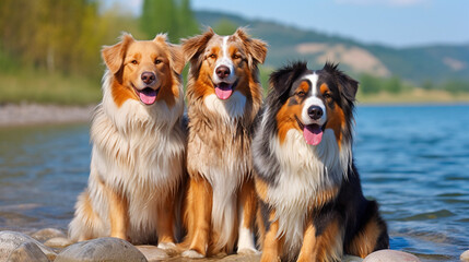 Wall Mural - portrait of a beautiful brown and white domestic Australian shepherd dog