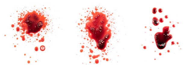 Fototapeta set dripping blood isolated on white background. collage flowing bloody stains, splashes and drops. trail and drips red blood close up.