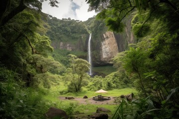 Canvas Print - campsite with view of towering waterfall, surrounded by greenery, created with generative ai