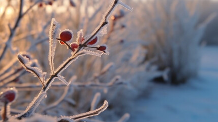 Sticker - Frosty plants with red berries in the foreground