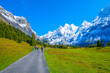 Hiking road at Oeschinensee Lake in Kandersteg, the Bernese Oberland, Switzerland