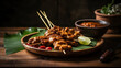 Chicken satay served with Indonesian peanut sauce on a banana leaf mat ,generative ai