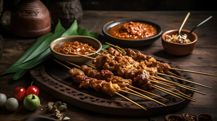 Indonesian chicken satay with peanut sauce ,generative ai