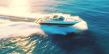 A luxurious motor boat is speeding across the blue sea, creating waves in its wake. The boat's rapid movement can be seen from atop view as it cruises over the turquoise water