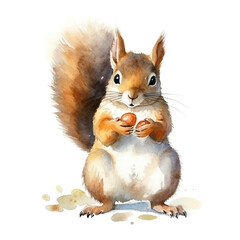 Wall Mural - A watercolor painting of a squirrel holding a nut. Generative AI.