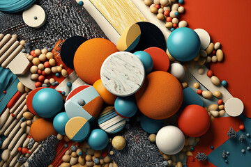 Fototapete -  A collage artwork combining cut-out geometric shapes and textures, creating a visually layered and textured composition. Generative AI technology.