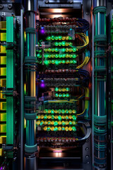Poster -  A close-up image highlighting the intricate circuitry and cooling systems of a high-performance database server, conveying its advanced technological capabilities.  Generative AI technology.