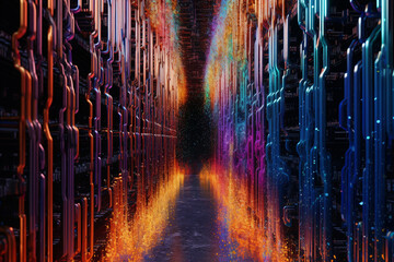 Poster -  database server depicted as a powerful and dynamic entity, surrounded by streams of data flowing through an interconnected network.  Generative AI technology.