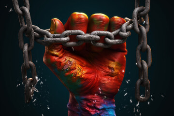 Fototapete -  An artistic rendering of a human hand breaking through a barrier of chains, accompanied by symbols of strength and liberation, representing the triumph over adversity.  Generative AI technology.