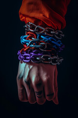 Fototapete -  A conceptual photograph of a person's hands chained together, with a key suspended in front,  Generative AI technology.